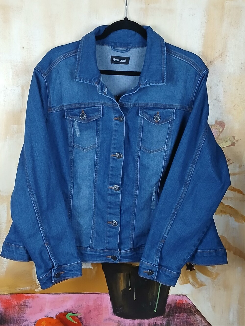 New Look Blue Distressed Button Up Denim Jean Jacket - Size XL